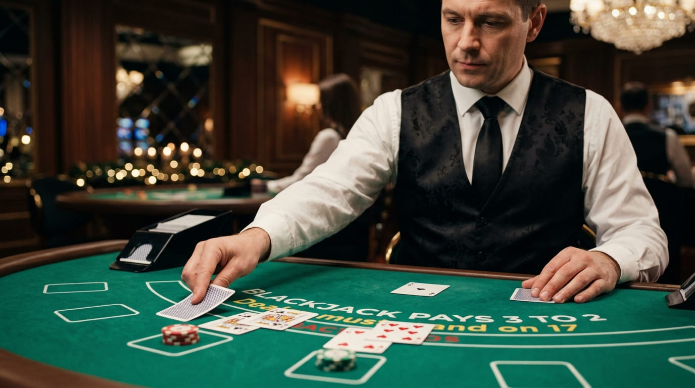 Mesa de blackjack en vivo con crupier repartiendo cartas en Metabet