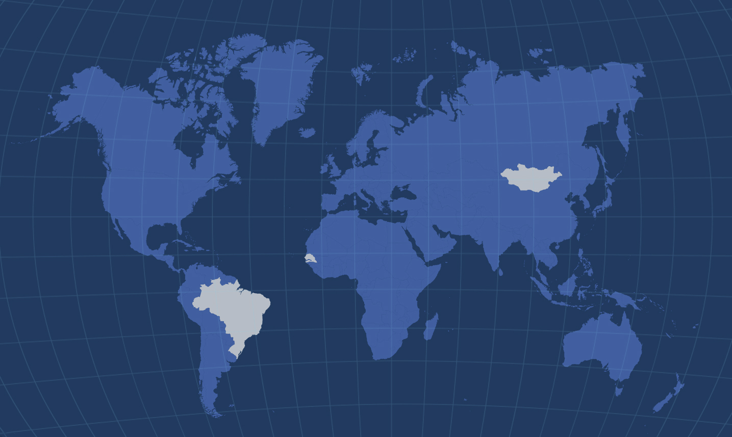 Map of the world highlighting the three countries with the three early-adopter cities across on three contineents (South America, Africa, and Asia)